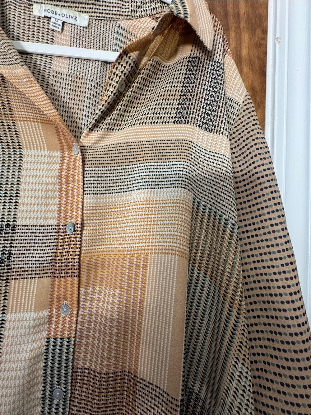Rose & Olive Beige, Cream & Taupe Patchwork Button-Down Top - Picture 2 of 6